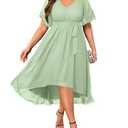 Plus Size Green Dress Mint Bridesmaid Mother of the Bride Wedding Guest Formal Chiffon Short Sleeve High Low Dress Women 22w