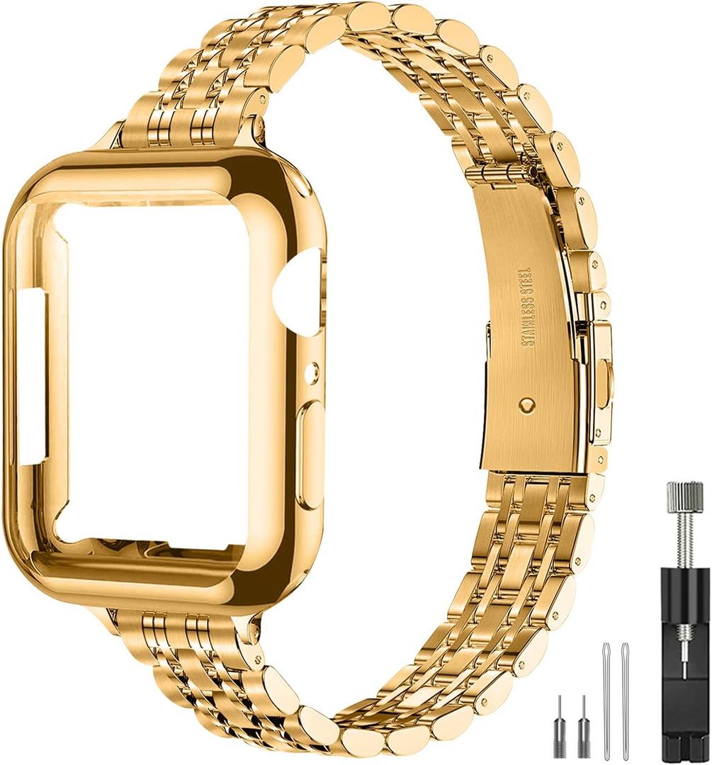 Slim Watch Band Compatible with Apple Watch 41mm 45mm 42mm 44mm 40mm 38mm Metal stainless steel Watchband suitable for iWatch 9/8/7/6/5/4/3/2/1/SE series Women Luxury strap (Gold)