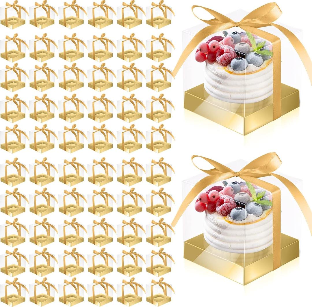 Gerrii 100 Pcs Clear Plastic Individual Cupcake Boxes 3.5" Single Cupcake Containers Transparent Ornament Gift Box with Inserts and Ribbon for Wedding Baby Shower Party Favor(Gold)