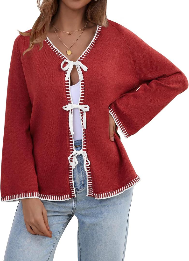 Tie Front Bow Cardigan for Women Trendy 2025 Casual Bell Long Sleeve Chunky Knit Cardigan Sweater Winter Clothing Coat (Medium, Red)