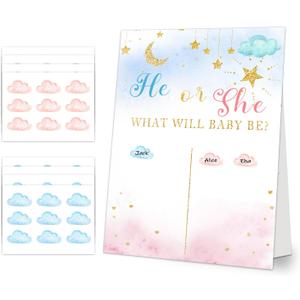 Gender Reveal Signature Sign Board with Stand, Pink & Blue Clouds Guess He Or She Game, 72 Clouds Pink Blue Boy Girl Voting Stickers, Cast Your Vote Game for Guests, For Baby Shower Party (001)