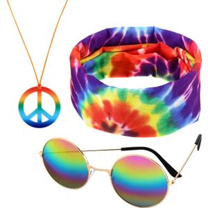 Frienda 3 Pcs Hippie Accessories Costume 70s Tie Dye Leopard Outfits Hippie Headbands for Men Peace Sign Necklace Sunglasses