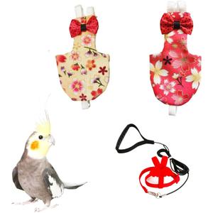 UKJENT Bird Diaper with 78 Inch Flying Leash - 2 Pack, Reusable Flight Suit with Waterproof Inner Layer, Washable Cute Urine Wet Suit for Cockatiel Monk Parakeet Sun Parakeet Lory(S)