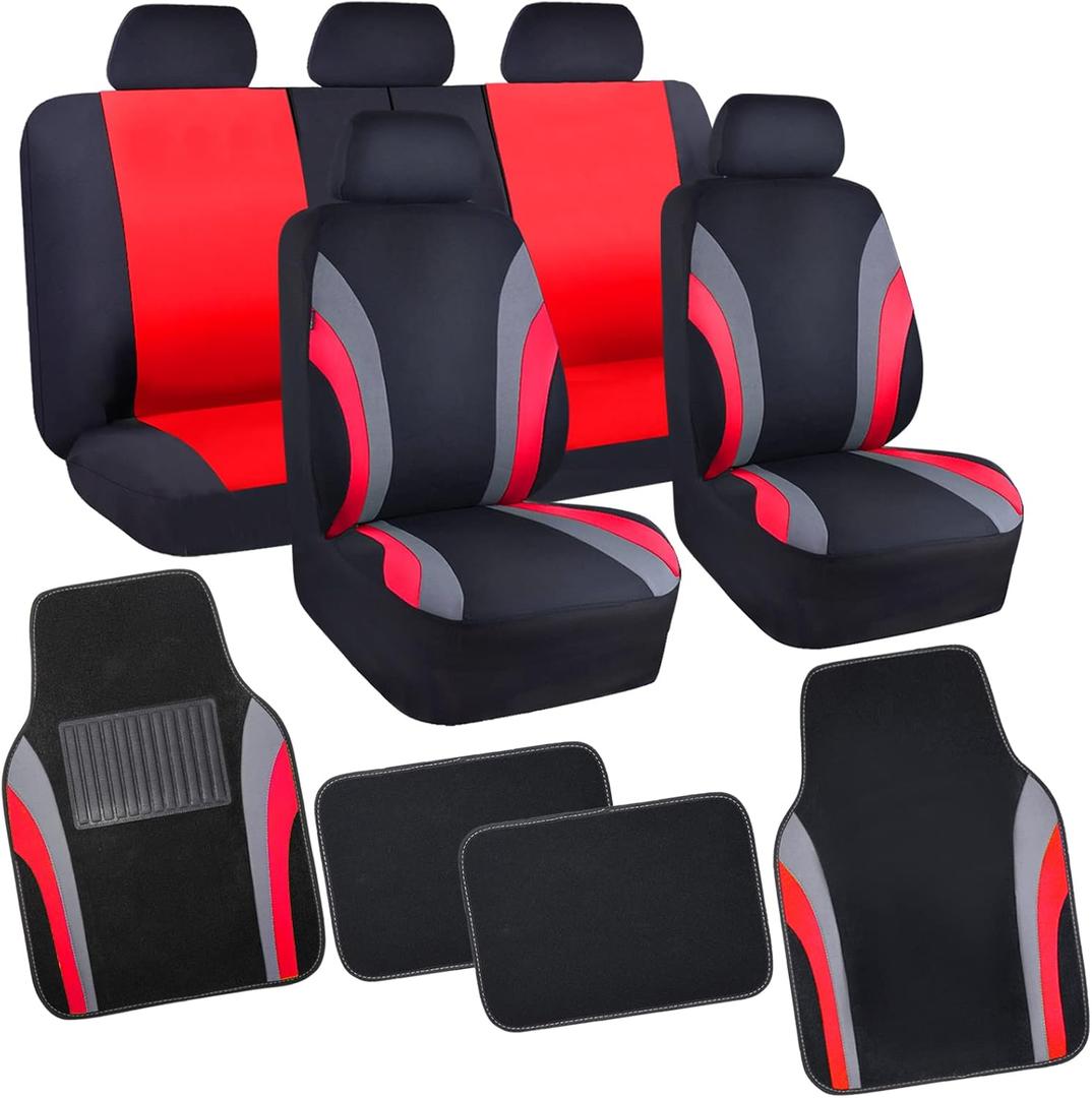 CAR PASS Line Rider Sporty Car Seat Covers Full Set with 4Pcs Waterproof Car Floor Mats Universal Fit Airbag Compatible Automotive Interior Covers for Sedans, Trucks,Vans,SUV (Combo Set, Black & Red)