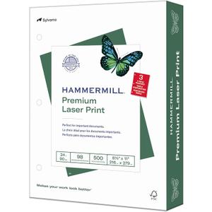 Hammermill Premium Laser Print Paper, 24 lb Copy Paper, 8.5 x 11 Letter Size, 3 Hole - 1 Ream (500 Sheets) - 98 Bright