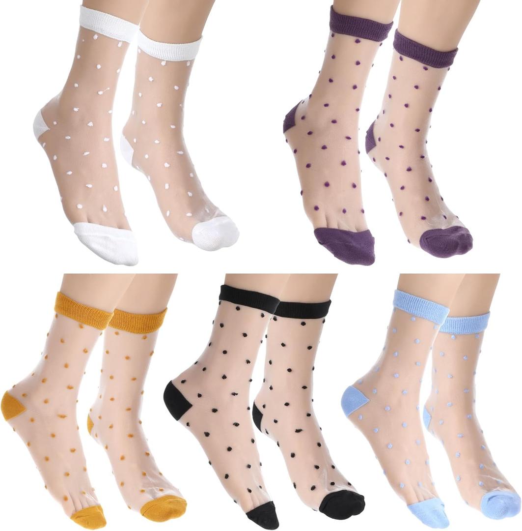 Yolev 5 Pairs Sheer Polka Dot Socks Ultra Thin Womens Sheer Sock Cute See Through Socks 5 Colors Ankle Sock for Women, One Size
