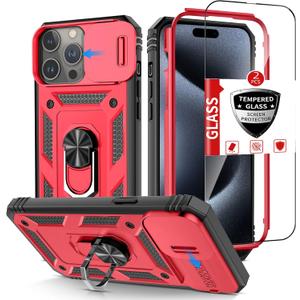 Compatible with iPhone 15 Pro Max Case with 2 Tempered Glass Screen Protectors,Built-in Kickstand Ring with Camera Cover Shockproof Military Grade Drop Heavy Duty Protection Phone Bumper Red