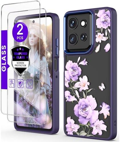 DagoRoo for Motorola Moto G Power 5G 2025 Case+Tempered Glass Screen Protector, Military Grade Protective Slim Soft TPU+Hard PC,Girls Women Crystal Clear Flower Pattern Case Cover (Deep Purple)