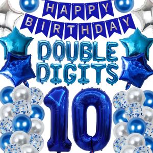 53 Pieces 10th Birthday Decorations Double Digits Party Balloons Happy Birthday Banner Number 10 Balloons Blue Silver Foil Balloons Latex Balloons for 10 Year Old Boy Birthday Party (Blue)
