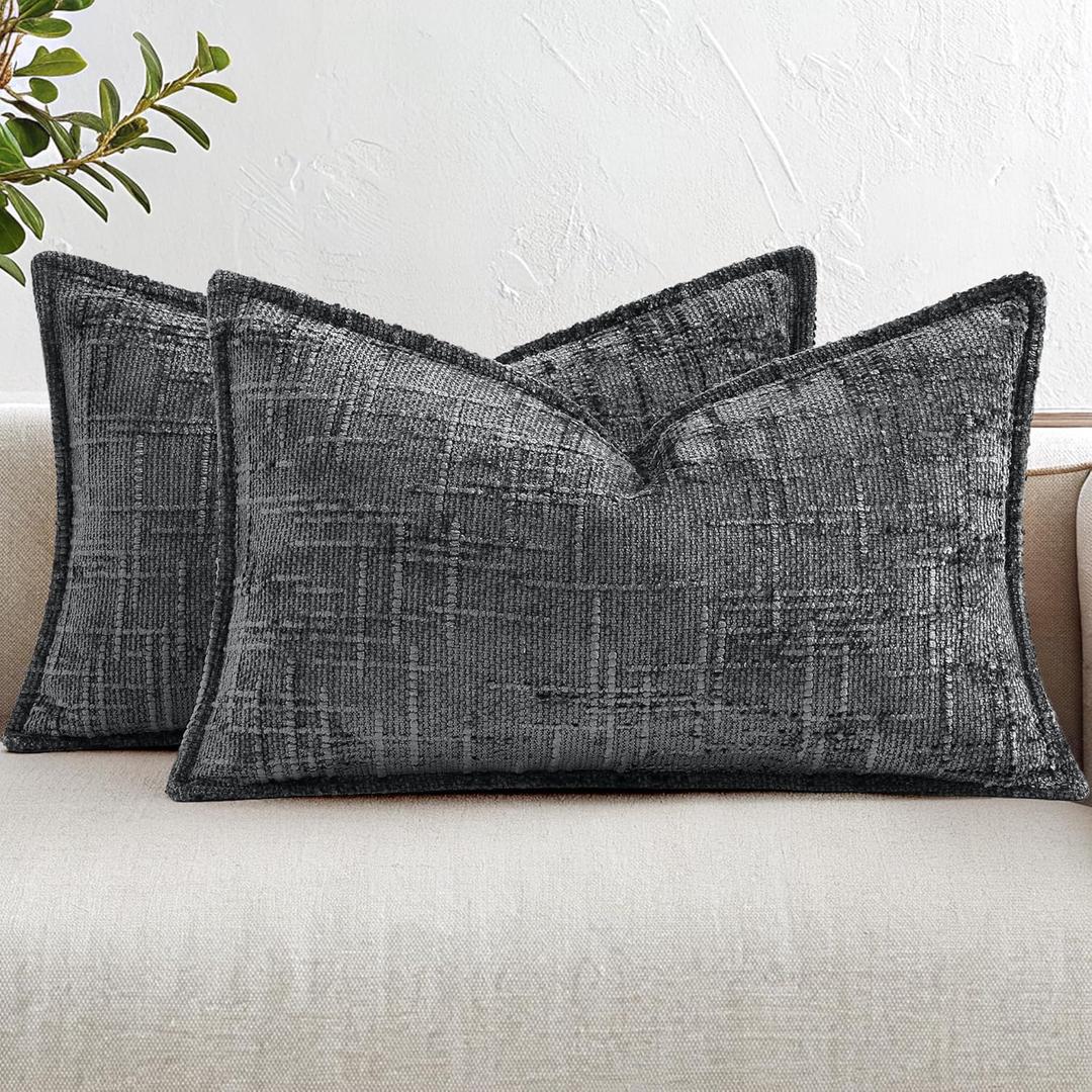 decorUhome Chenille Throw Pillow Covers 12x20 Set of 2, Thick Textured Slubby Neutral Decorative Pillow Covers with Elegant Design for Couch, Sofa, Living Room, Dark Grey