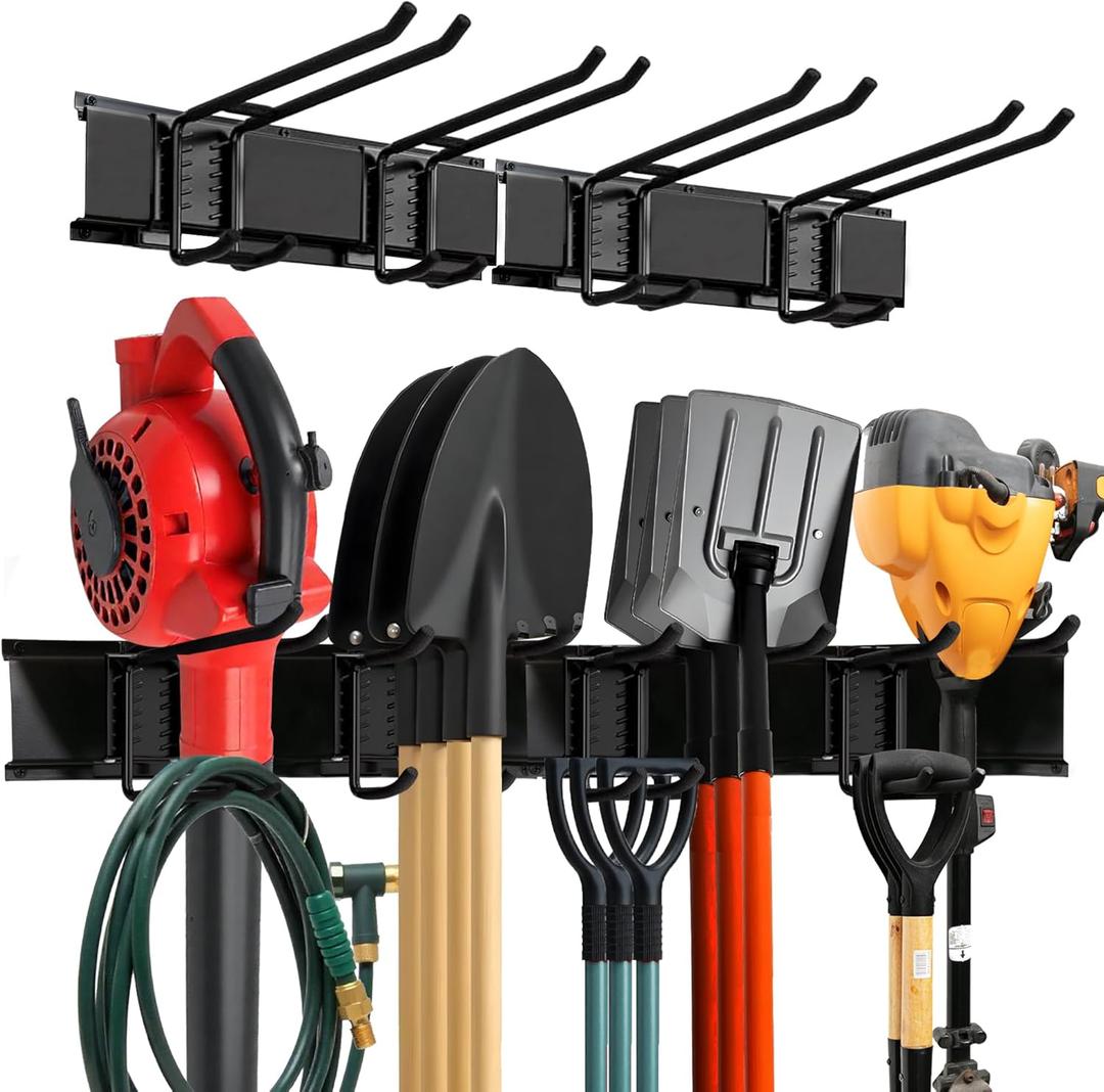Garage Wall Organizer | 32" Heavy-Duty Tool Storage Rack | Adjustable Double-Layer Hooks | 200 lbs Capacity | Carbon Steel Wall Mount Holder for Shovels, Rakes, Ladders & Power Tools (Black)