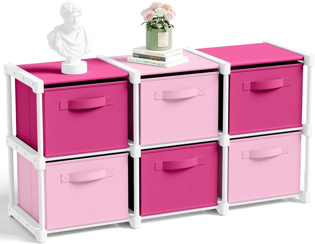 Thyle Large Cube Storage Organizer Shelf with 6 Bins 14 Inch Fabric Collapsible Cubby Storage Drawers Shelving Unit for Christmas Ornaments Clothes Toys Craft(Pink,Rose,Colorful)