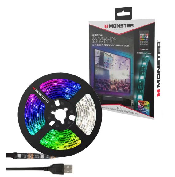 GE Night Light, 4 W, Blue and Honeywell 8.2ft USB Powered LED RGB Strip Lights for Home Decor, Mounted Under Cabinet Lights, with 4 Sound Sync Music Modes, Remote Control & Dimmable Lights, and Monster 6.5' Multi-Color LED Light Strip in Black
