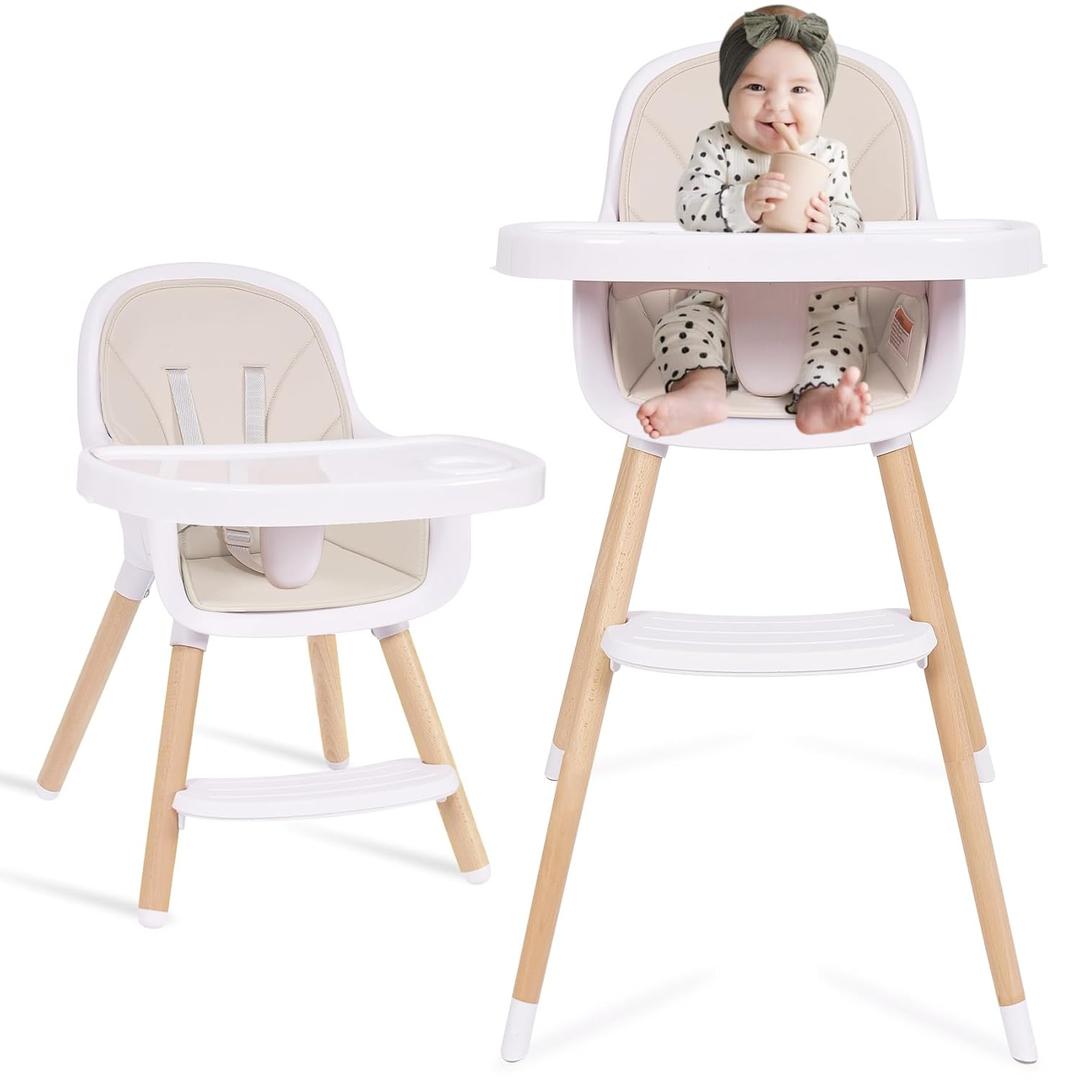 Convertible Baby High Chair, 3-in-1 Wooden Highchair/Toddler Chair with Removable Tray, 5-Point Harness, PU Cushion, Footrest for Babies & Toddlers, Beige