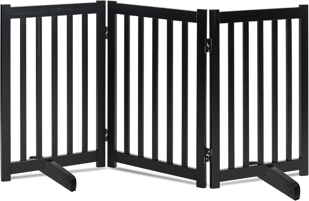 LZRS Freestanding Dog Gate 30 inch Tall - 3 Panels Solid Wooden Pet Gate for Doorways, Stairs & Hallways, Expandable & Foldable with Support FeetIndoor Use, Black