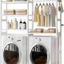 Over The Washer and Dryer Storage Shelf Bamboo,5 Tiers Laundry Room Drying Rack with Adjustable Shelves and 4 Hooks,Space Saver Organizer for Hanging Clothes and Towels (White)