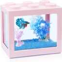 Small Betta Fish Tank, Stackable Mini Fish Tank Aquarium Tank Kit, 3/5 Gallon Rectangular Fish Bowl with Aquarium Gravel Decoration, Tiny Cube Tank for Seaweed Balls Sea Monkeys (Pink)