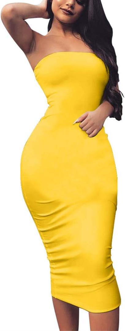 BORIFLORS Women's Basic Sleeveless Tube Top Sexy Strapless Bodycon Midi Club Dress (Yellow, S)