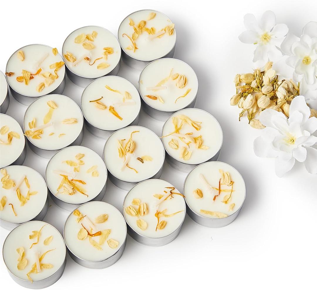 16 Pack Jasmine Scented Tealight Candles with Real Petals, Natural Soy Wax 6H Burn Time, Non-Toxic Smokeless Scented for Bath, Wedding, Decor