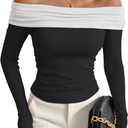 Prettywear Women's Sexy Off Shoulder Tops Dressy Long Sleeves Going Out Nightout Shirt 2025 Fall Clothes (Large, Black_whitepattern)