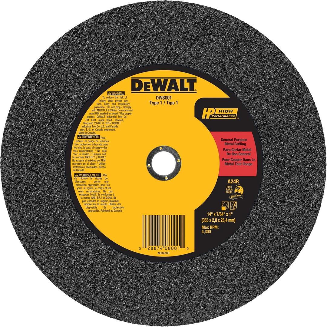 DEWALT 14" Chop Saw Blade, Metal Cut-Off Wheel (DW8001) (One Size)