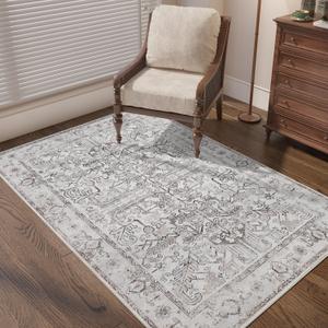 jinchan Vintage Area Rug 3x5 for Entryway - Machine Washable Stain Resistant Non-Slip Low Pile Ultra-Thin Floral Print Indoor Rug for Kitchen Bedroom Living Room (3x5ft,Beige) (3' x 5' (Light Weight), Border Beige)