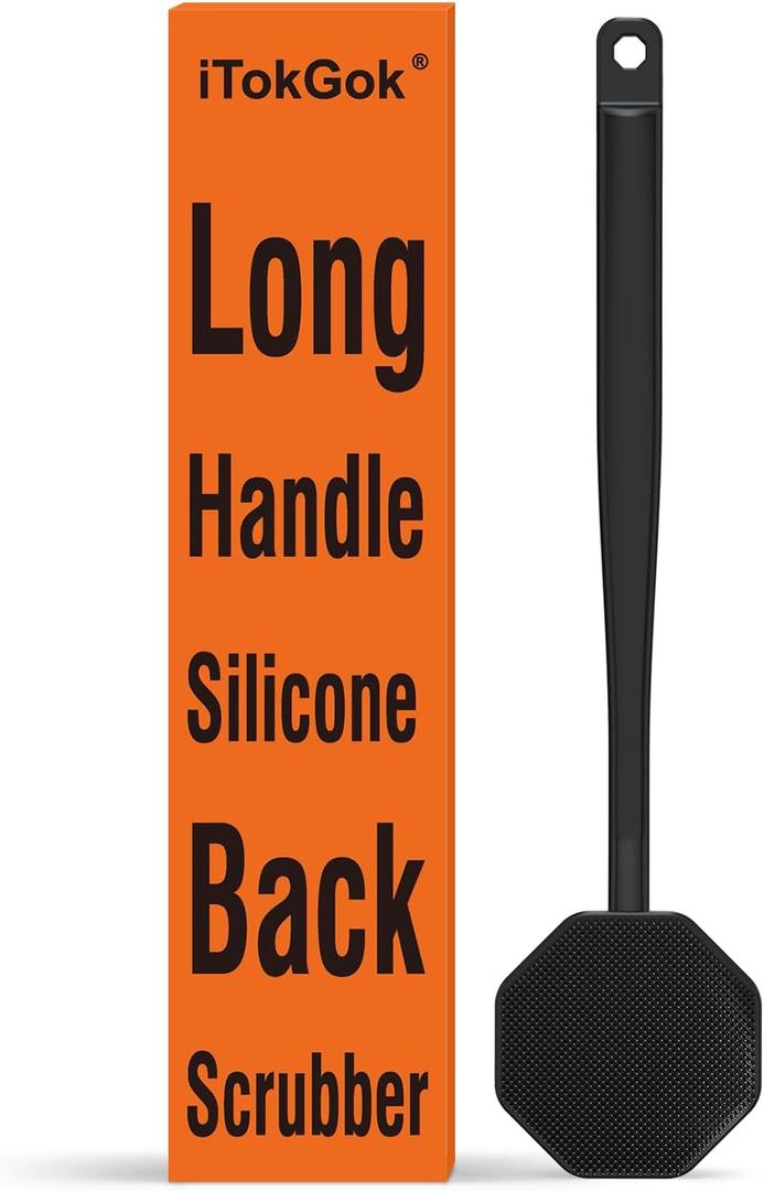 iTokGoK Premium Silver-Infused Silicone Back Scrubber with Long Handle Back Brush for Shower,Back Brush Long Handle for Men and Women,Ergonomic No-Slip Handle, Long-Lasting (Black)