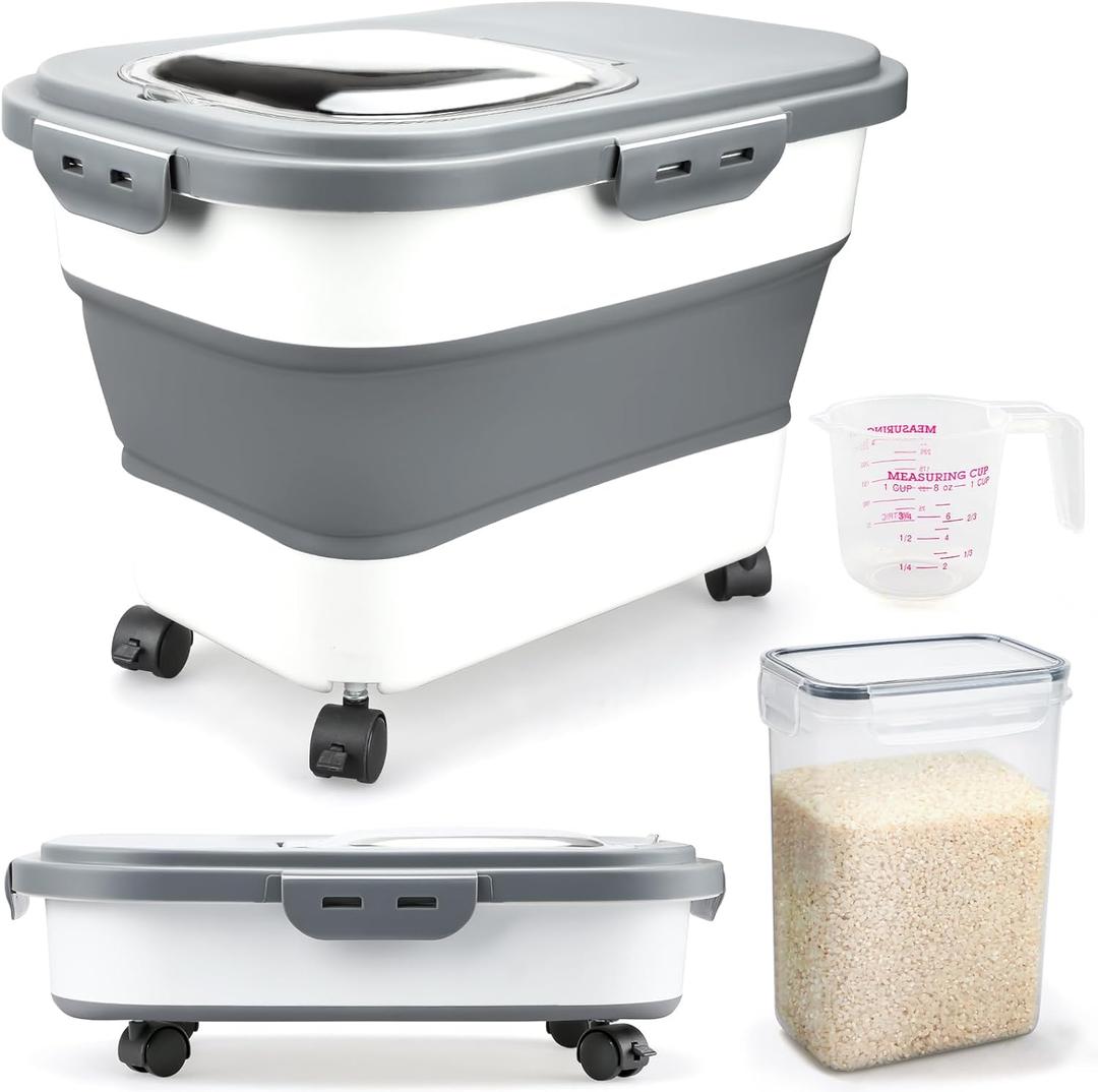 Komzon Rice Storage Containers, Collapsible 20 to 30Lbs Food Storage Bin Dispenser with Rolling Wheel and Clear Airtight Lid, BPA Free Flour, Sugar, Cereal and Dog Cat Pet food Containers, 16 Inches X 17 Inches X 4 Inches