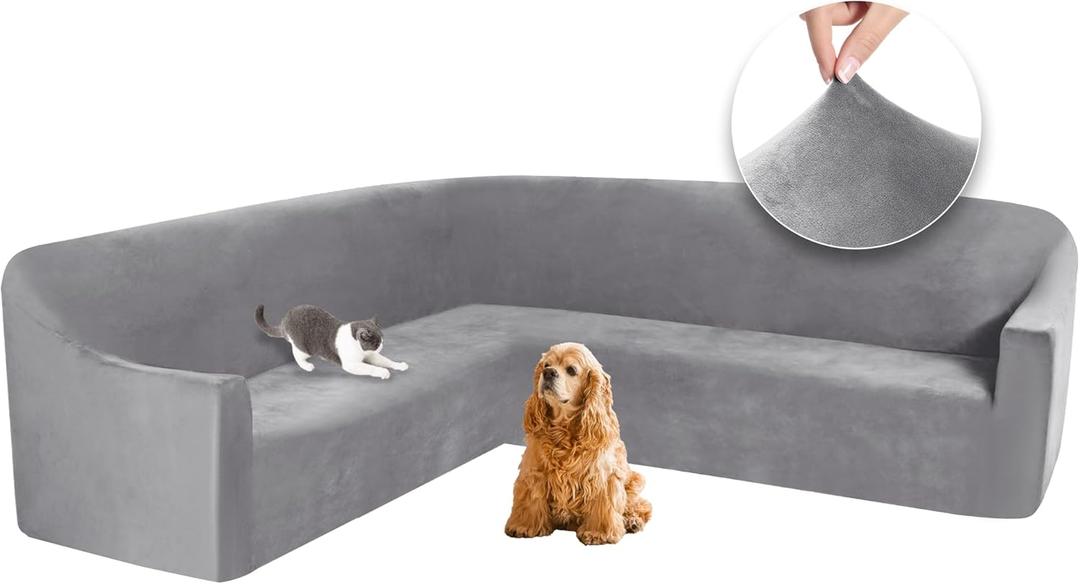 ALIECOM Velvet Stretch Sectional Couch Covers L Shape Corner Sofa Cover Washable Soft Thick U Shaped Sofa Slipcovers for Dogs Pets Magic Furniture Protector with Non Slip Foam (Medium Grey, X-Large)