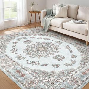 9x12 Area Rug Living Room: Washable Boho Large Neutral Floral Rugs Soft Farmhouse Indoor Floor Vintage Non Slip Carpet for Bedroom Boys Nursery Kids Playroom Dorm Dining Room Office Home- Blue