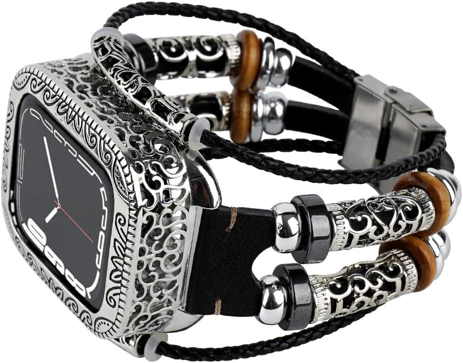 Compatible with Apple Watch 45mm 44mm Band with Metal Case, Leather Boho Bracelet Vintage Style Watch protector for iwatch Series 9/8/7/SE/6/5/4