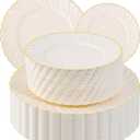 U-QE 100 Piece Ivory Scalloped Plastic Plates for Party with Gold Rim - Plastic Party Plates Disposable Heavy Duty - High End Disposable Plates Include 50pcs Dinner Plates 9"&50pcs Dessert Plates 6.5"