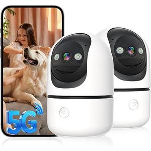Security Cameras Indoor, 2K 5G&2.4Ghz WiFi Camera for Security Home with 911 Monitor Alert, 360 PTZ Baby/Pet/Dog Camera AI Search Motion Detection, Color Night Vision, Speaker, US Cloud Storage, 2Pack