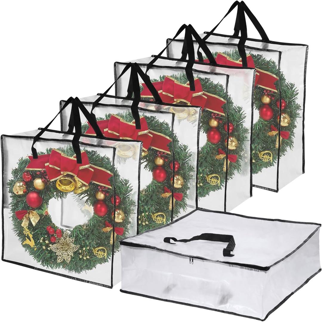 5 Pack Clear Christmas Wreath Storage Container, 26" Large Plastic Garland Container, Large Square Gift Bag Storage Organizer, Garland Decor Organizer Clear Storage Bags for Xmas Seasonal Wreath