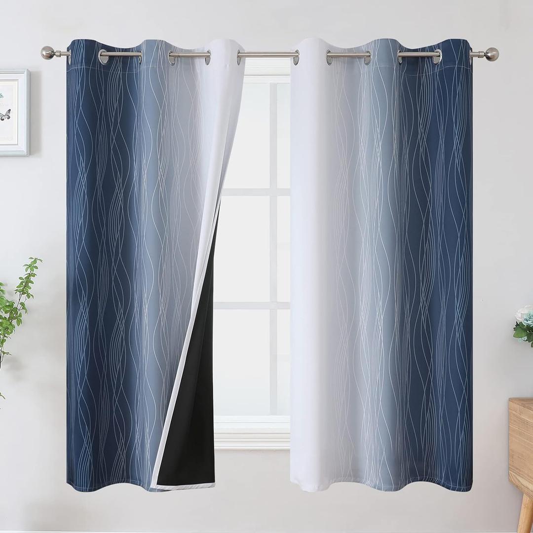 Estelar Textiler Grayish White and Navy Blue Blackout Curtains for Living Room, Ombre Thermal Insulated Noise Reducing Blackout Drapes for Bedroom, Room Darkening Grommet Curtains, 42Wx63L, 2 Panels
