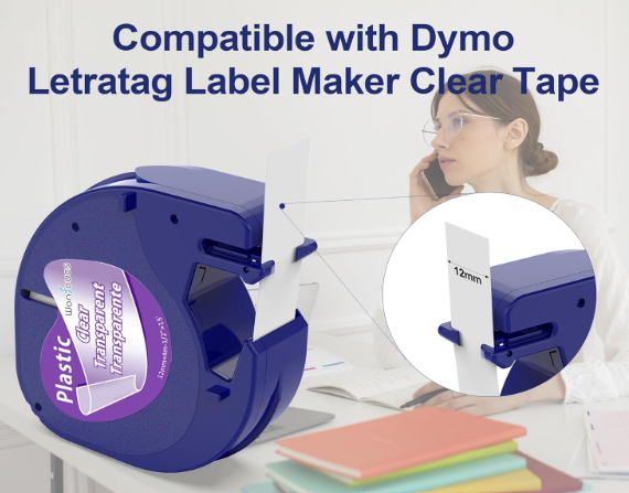 Label Maker Clear Tape Replacement for Dymo Label Maker Refills Clear 1/2'' x 13', Compatible with Dymo Letratag Refills Transparent Plastic Tape Work with LT-100T LT-100H QX50, 1-Pack