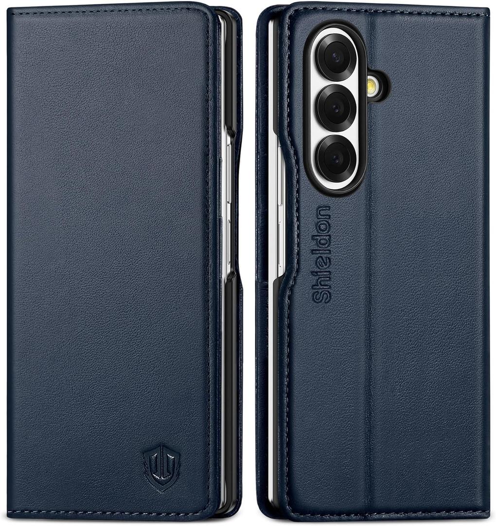 SHIELDON Case Wallet for Galaxy Z Fold 7 8.0-inch 2025, Genuine Leather, Folio Magnetic Cover, RFID Blocking Credit Card Slot, Kickstand, Shockproof Phone Holder for Galaxy Z Fold7 - Navy Blue