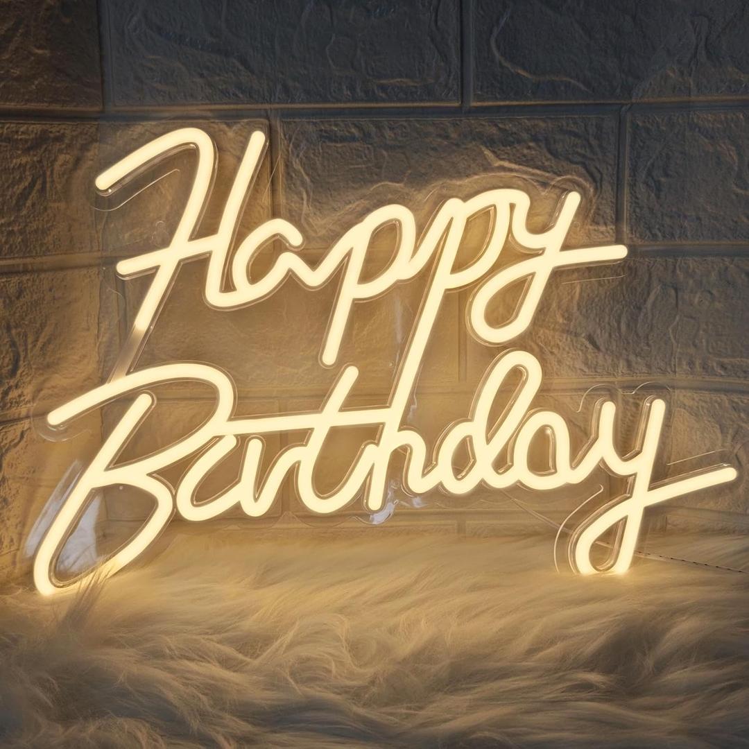 Happy Birthday Neon Signs,Adjustable LED Neon Light Sign Backdrop powered by USB,Light Up Colorful Bday Neon Lights for Backdrop All Birthday Party,Wall Decor,Gifts,Celebration Decoration(Warm White)