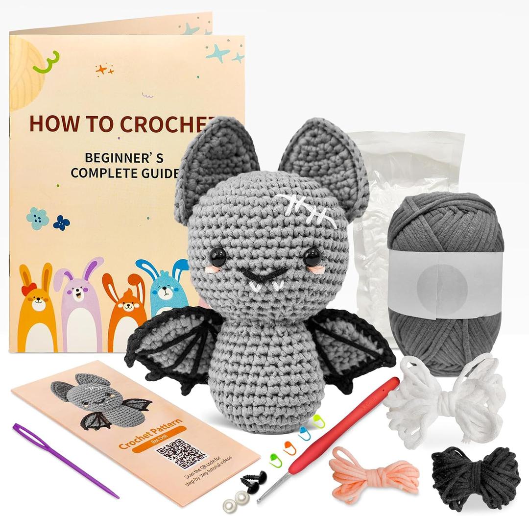 Minimal Beee Bat Crochet Kit for Beginners - DIY Halloween Craft Gift with Animal Yarn, Easy Knitting Supplies for Adults, Complete Starter Crochet Set with Needles & Instructions, 2 Pack (Grey)