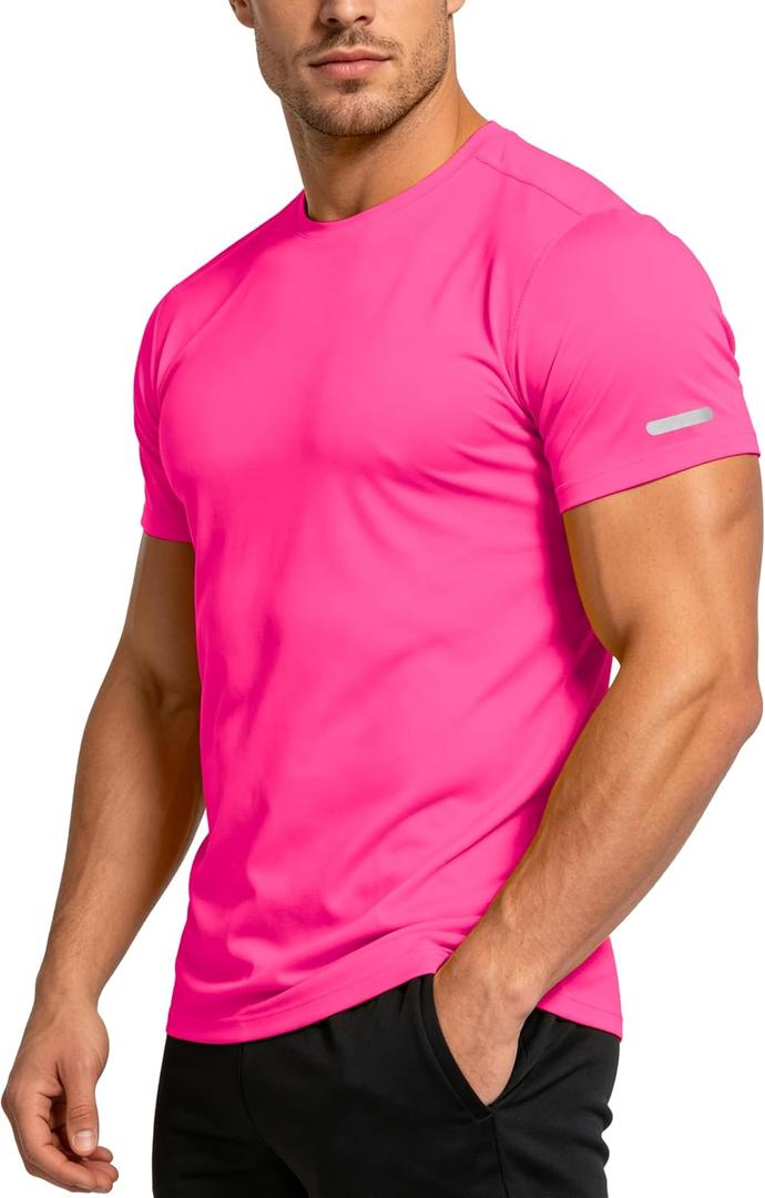 Workout Shirts Men Moisture Wicking Quick Dry Running Short Sleeve (Pink)