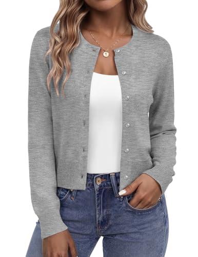 Zeagoo Cardigan Sweaters for Women Crewneck Cropped Shrug Long Sleeve Button Down Summer Cardigan Light Gray, Size S