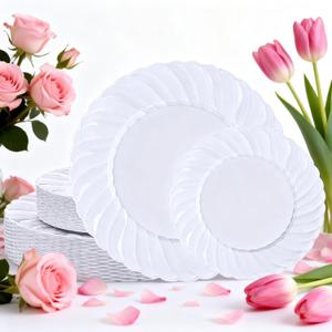 U-QE 60 Pcs White Plastic Plates for Party Scalloped Plastic Plates Heavy Duty & Elegant Include 30 10" Dinner & 30 7" Dessert Plate - Perfect for Party & Wedding