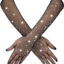Rhinestone Long Fishnet Gloves, Arm Sleeves Elbow Mesh Rave Sparkly Gloves Costume Accessories for Women Evening Prom (Black)