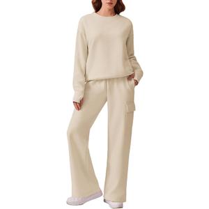 PINSPARK Two Piece Sets for Women Sweatsuit Drawstring Cargo Jogger Sets with 4 Pockets 2025 Airport Outfits Fall Tracksuit (Medium, Beige)