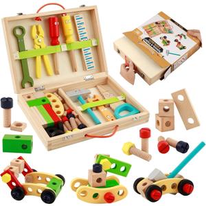 Kids Tool Set Wooden Toddler Play Tools Set with Tool Box, Montessori Educational Learning Toys STEM Construction Building Toy for 3 4 5 6 7 8 Years Old Kids Birthday Gifts for Boys and Girls
