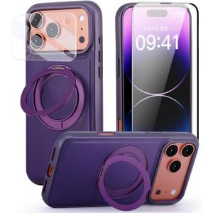 Case for iPhone 17 360 Rotating Stand, Upgraded PU Leather Military-Grade Shock-Resistant Full-Coverage Case with Rotating Stand-Purple