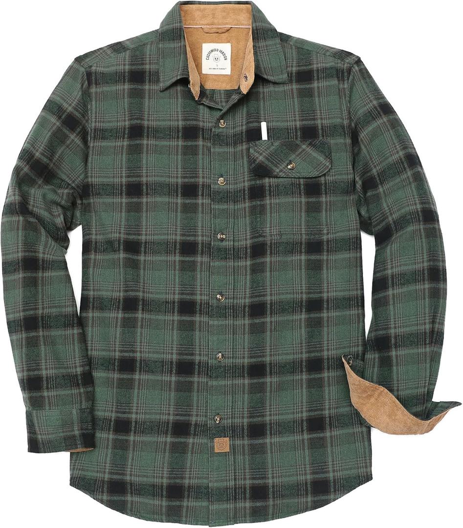 Dubinik Mens Flannel Shirts Long Sleeve Flannel Shirt for Men Casual Button Down Brushed 100% Cotton Shirt (X-Large, Dark Green)
