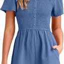 Simplee Womens Summer Short Sleeve Romper Casual Loose Decorative Button Smocked Dressy Shorts Jumper Jumpsuit 2025 (Large, Blue)
