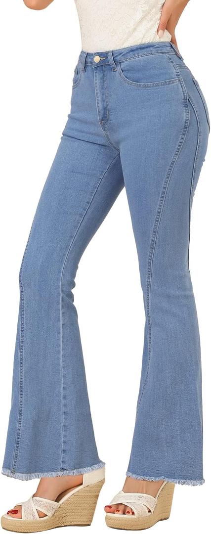 Allegra K Women's Flare Jeans 70s Outfits High Waisted Stretchy Denim Pants Trendy Bell Bottom Jeans (Blue, L)