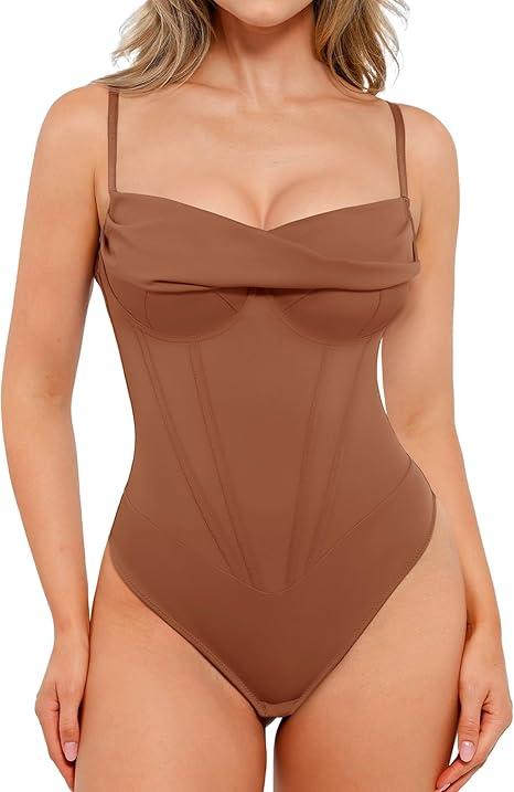 Popilush Corset Bodysuit for Women Tummy Control Shapewear Bodysuits Cowl Neck Going Out Tops Thong Body Suit Concert Outfits, Xl, Brown